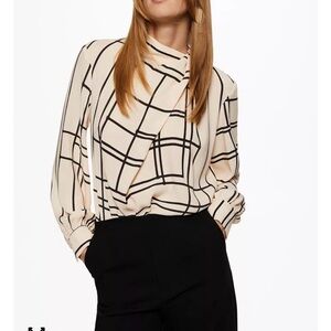Mango Cream and Black Windowpane Print Long-Sleeve Blouse